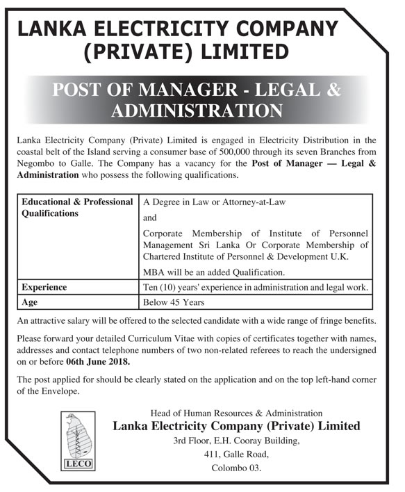 Manager (Legal & Administration) - Lanka Electricity Company (Pvt) Ltd